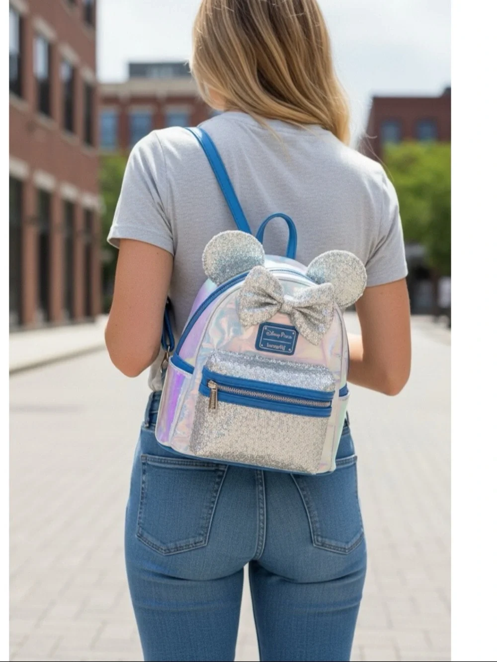 Loungefly Disney Minnie Mouse Iridescent Silver Sequin Ears Mini Backpack Bag